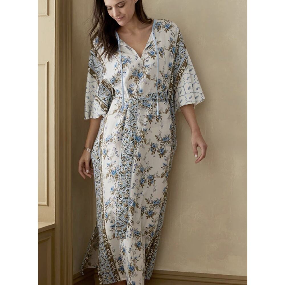Villa D'Ascoli Belted Kaftan — S/M Blue Floral Cotton Sateen Summer Lounge Dress